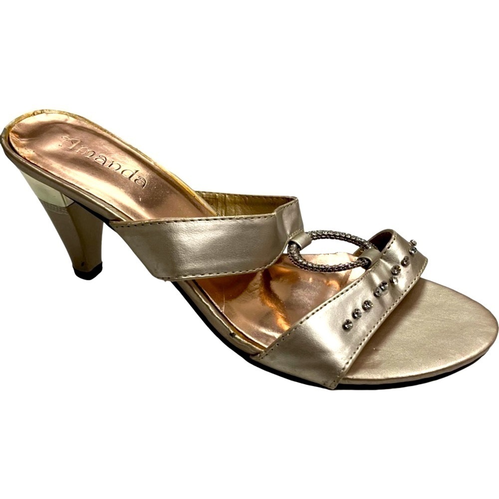 AMANDA Metallic Gold Double Band Rhinestone Slide Heeled Sandals Women’s SZ 7 - Picture 4 of 9